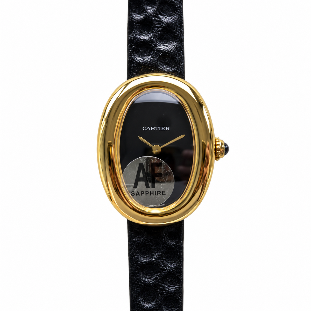 Cartier Baignoire Vintage Mini — 18K Yellow Gold, Black Onyx Dial, No Numerals & Black Leather Strap, Women