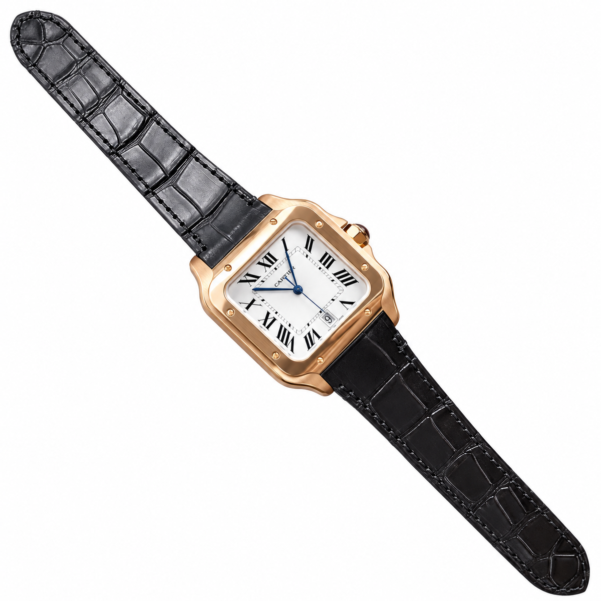 Cartier Santos Large Rose Gold White Dial Blue Hands Date Automatic Black Strap Watch – KDY