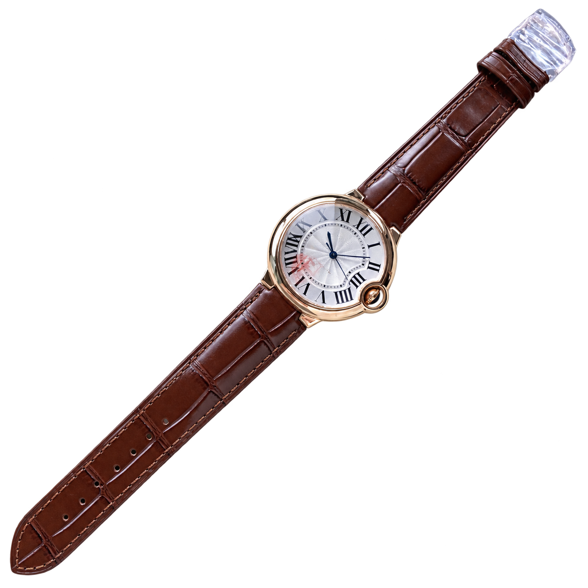 Cartier Ballon Bleu 36mm — 18K Rose Gold, Silver Dial, Roman Numerals & Brown Alligator Strap, Automatic