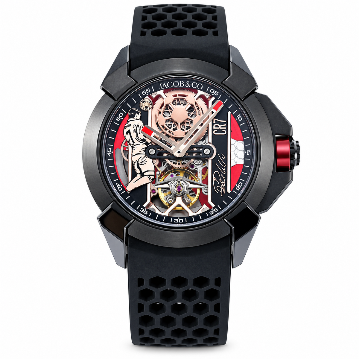 Jacob & Co. Epic X CR7 Black DLC Titanium Flying Tourbillon Skeleton Red Football Honeycomb Black Rubber Watch