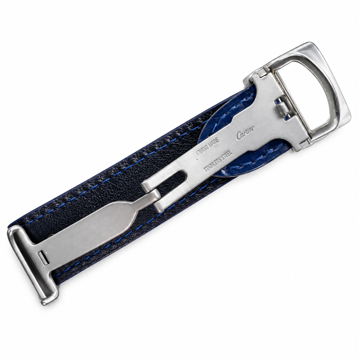 Cartier Santos de Cartier Large — Steel, Diamond Bezel, Blue Dial, Roman Numerals & Blue Alligator Strap, Automatic