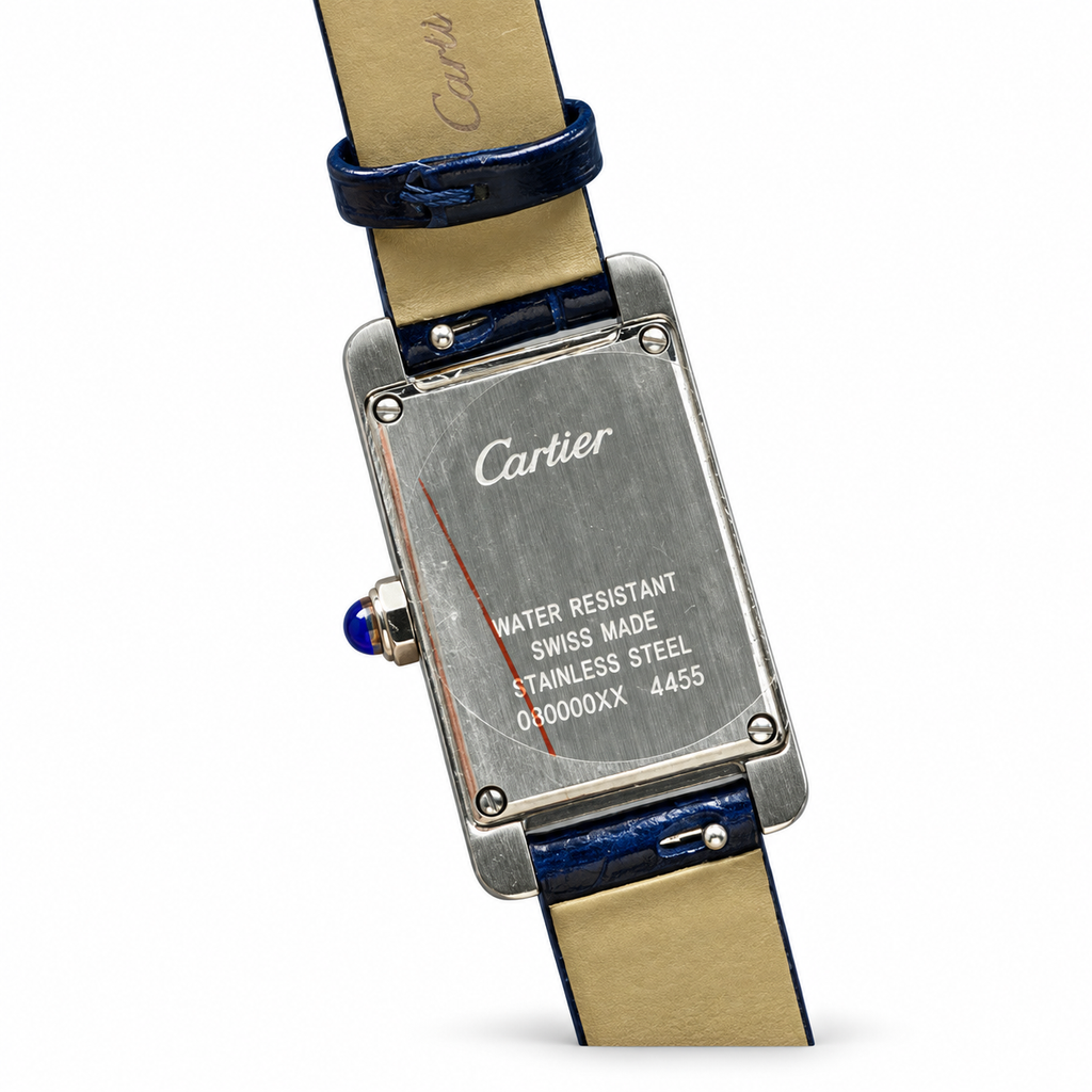 Cartier Tank Américaine Small — 18K White Gold, Silver Dial, Roman Numerals & Navy Alligator Strap, Women