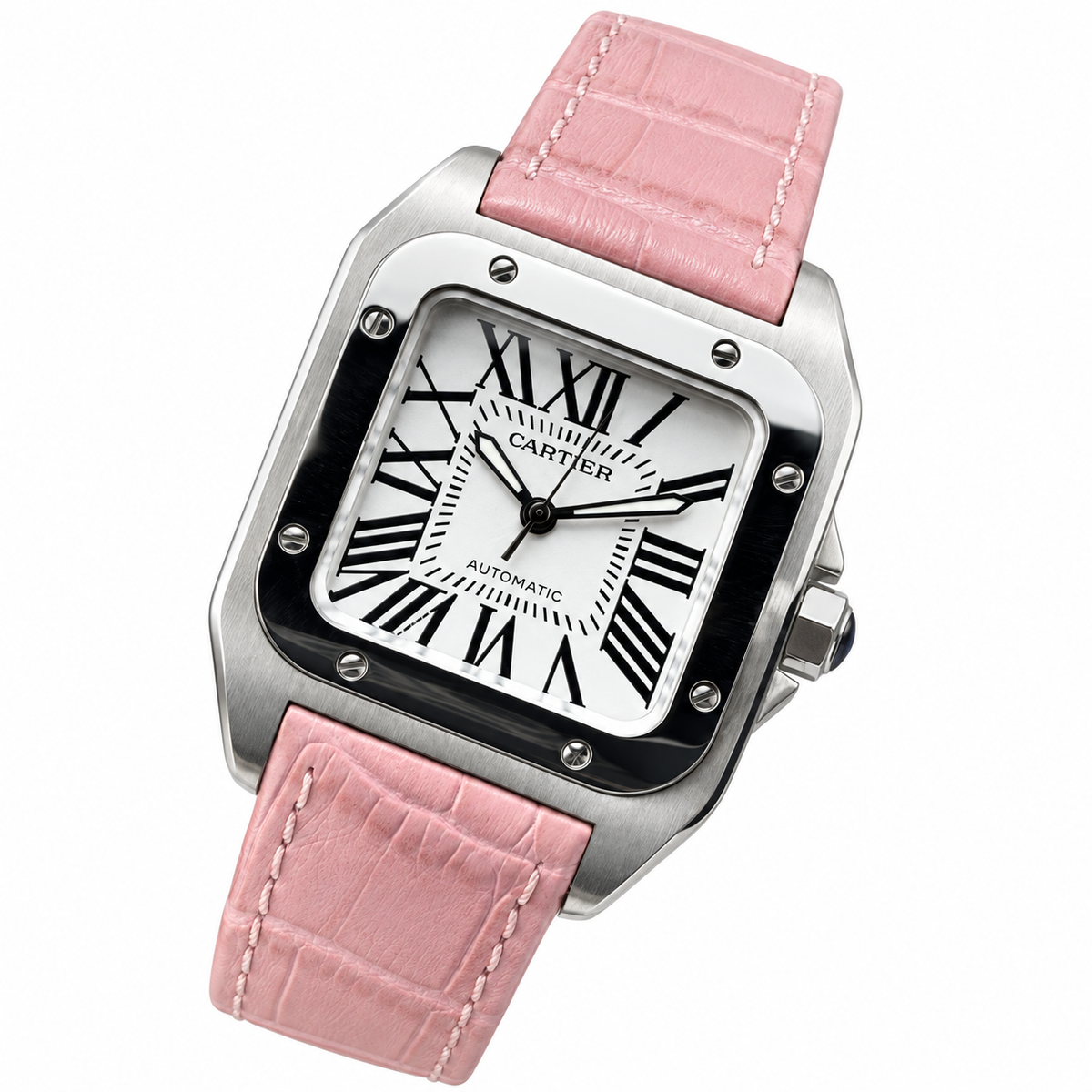 Cartier Santos 100 Automatic — White Dial & Pink Leather Strap