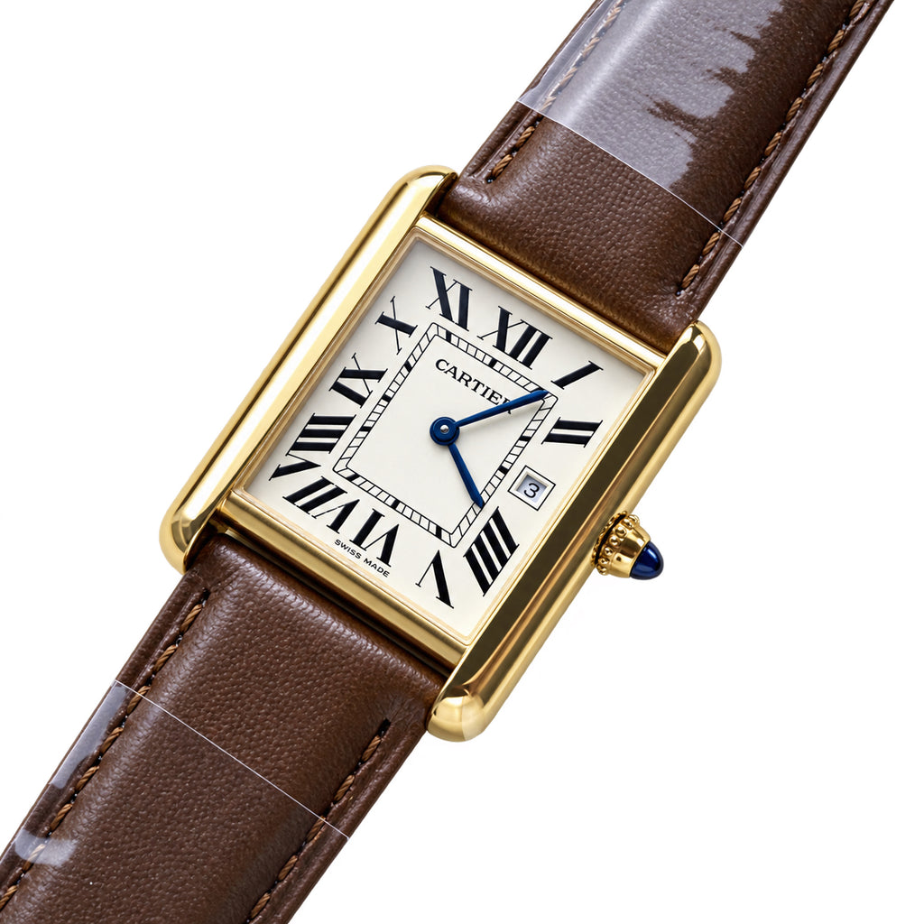 Cartier Tank Solo — 18K Yellow Gold, Ivory Dial, Date & Brown Leather Strap, Large