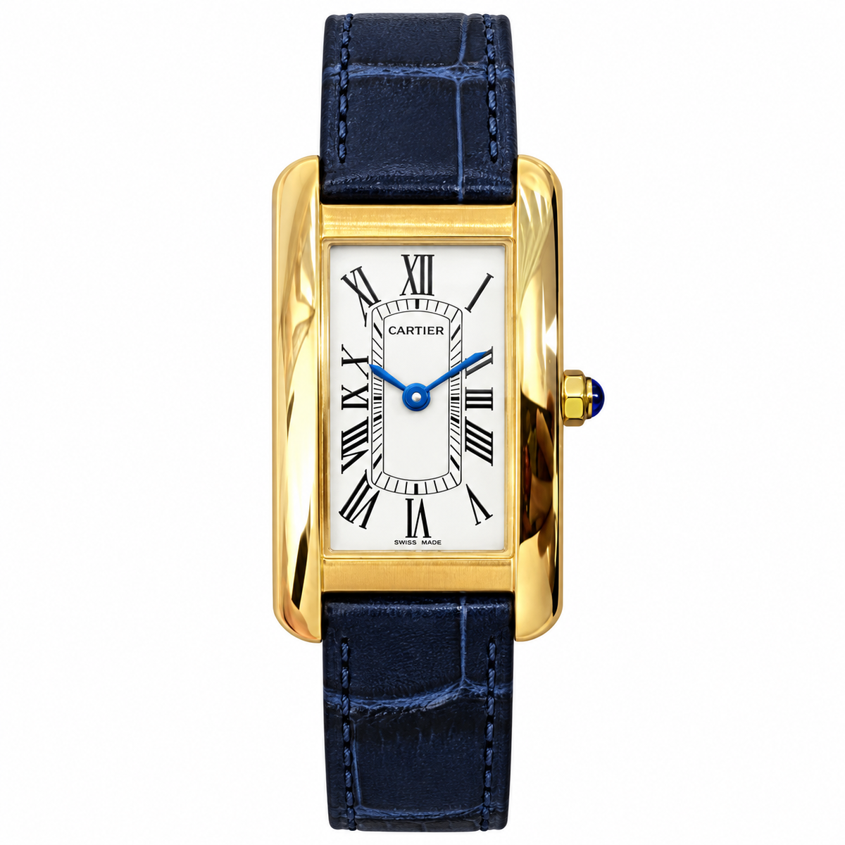 Cartier Tank Américaine 18K Yellow Gold White Dial Blue Alligator Strap Watch