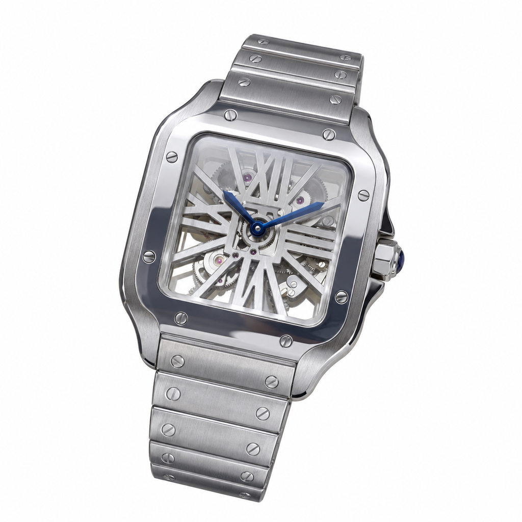Cartier Santos Large Skeleton — Steel, Skeleton Dial, Blue Hands & Steel Bracelet, Manual Wind