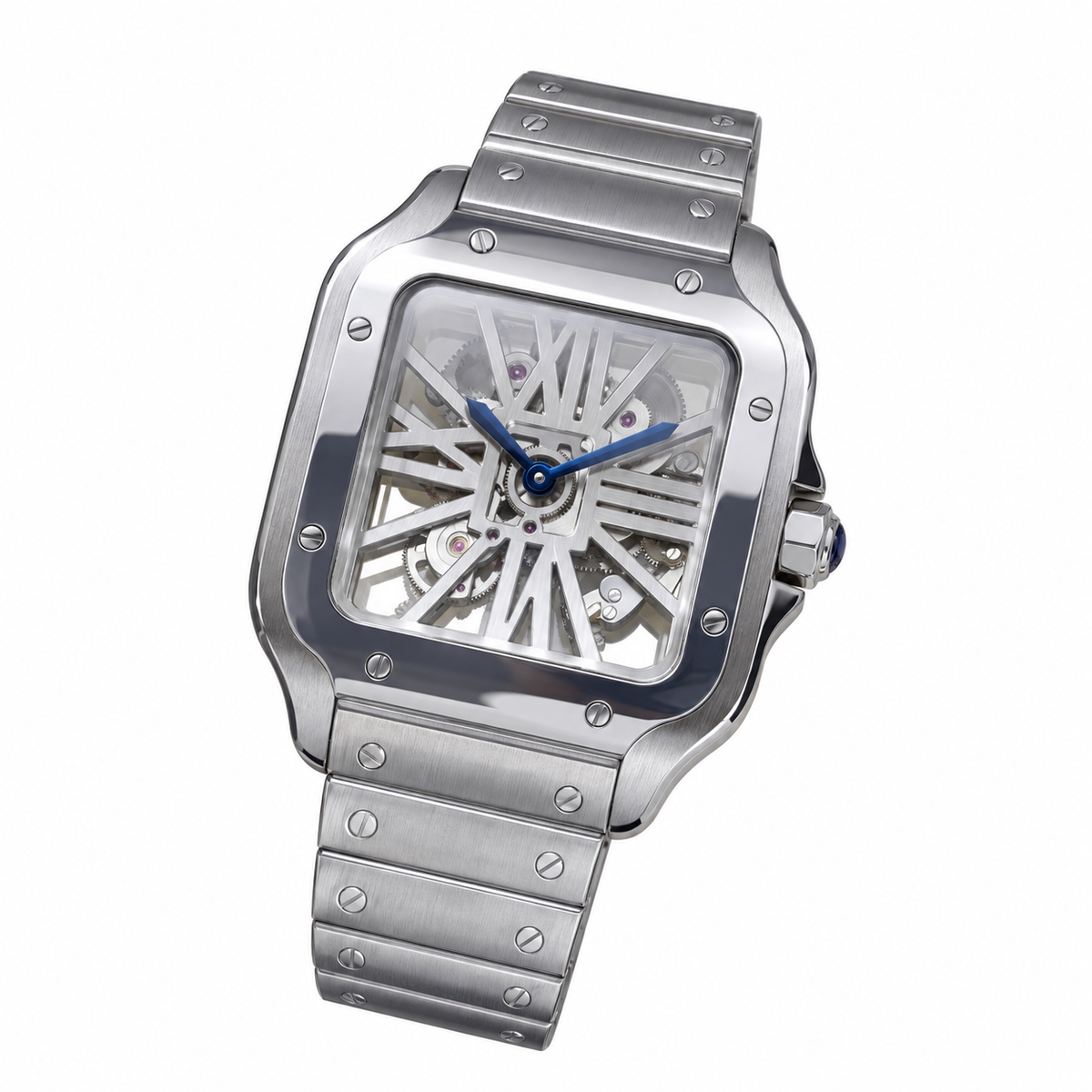 Cartier Santos Large Skeleton — Steel, Skeleton Dial, Blue Hands & Steel Bracelet, Manual Wind