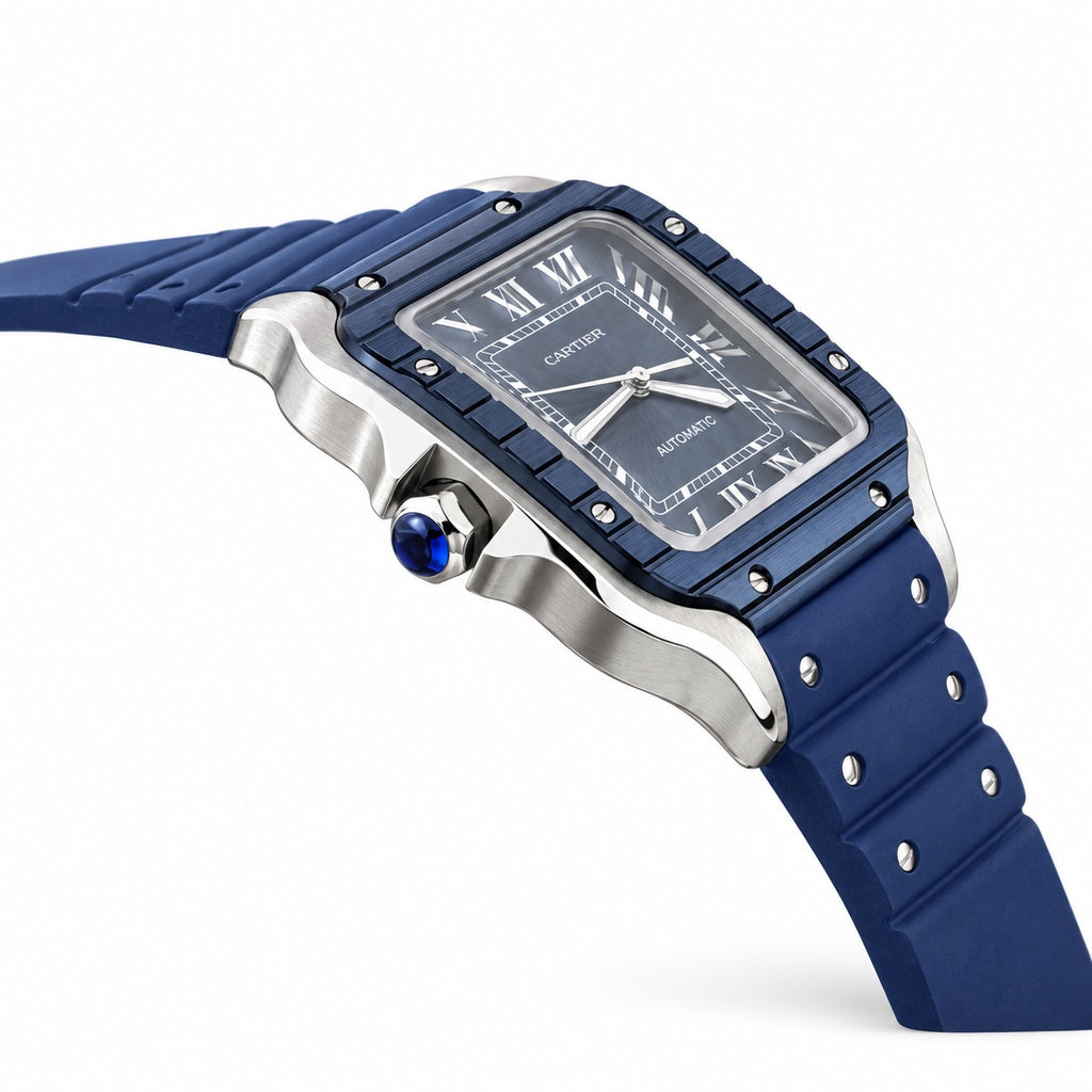Cartier Santos Large — Steel & Blue ADLC, Blue Dial, Roman Numerals, Date & Blue Rubber Strap, Automatic