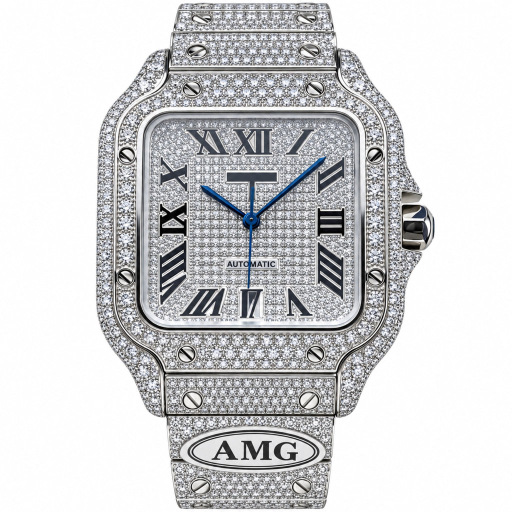 Cartier Santos de Cartier — Full Diamond Pavé & AMG Custom Steel Bracelet Watch