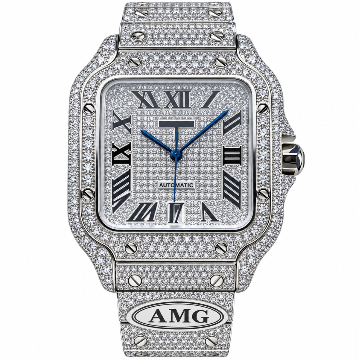 Cartier Santos de Cartier — Full Diamond Pavé & AMG Custom Steel Bracelet Watch