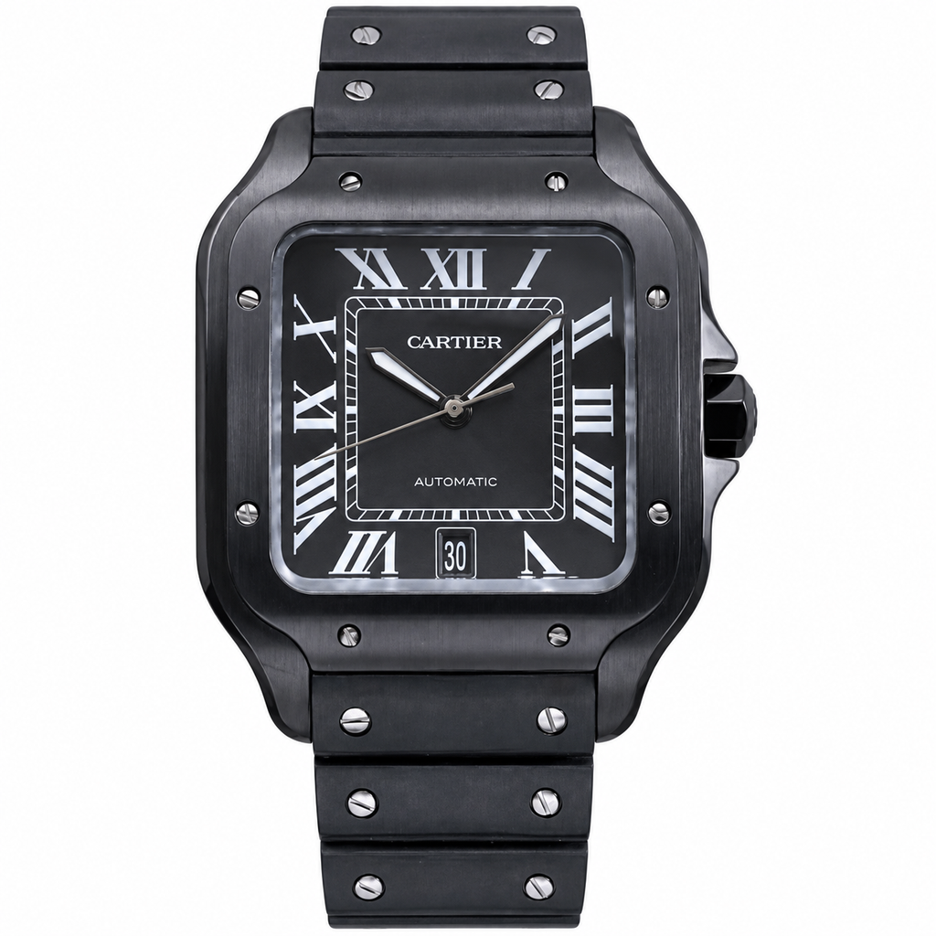 Cartier Santos de Cartier Large Full Matte Black ADLC-Coated Steel Case Bracelet Black Dial White Roman Numerals Date Automatic QuickSwitch Watch