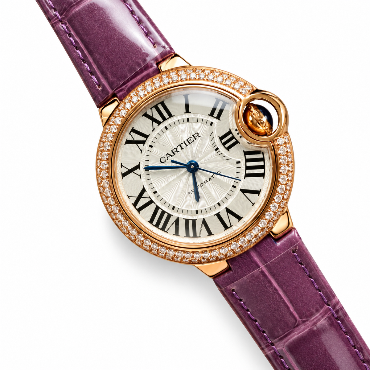 Cartier Ballon Bleu 33mm — 18K Rose Gold, Diamond Bezel, Silver Dial & Purple Alligator Strap, Automatic