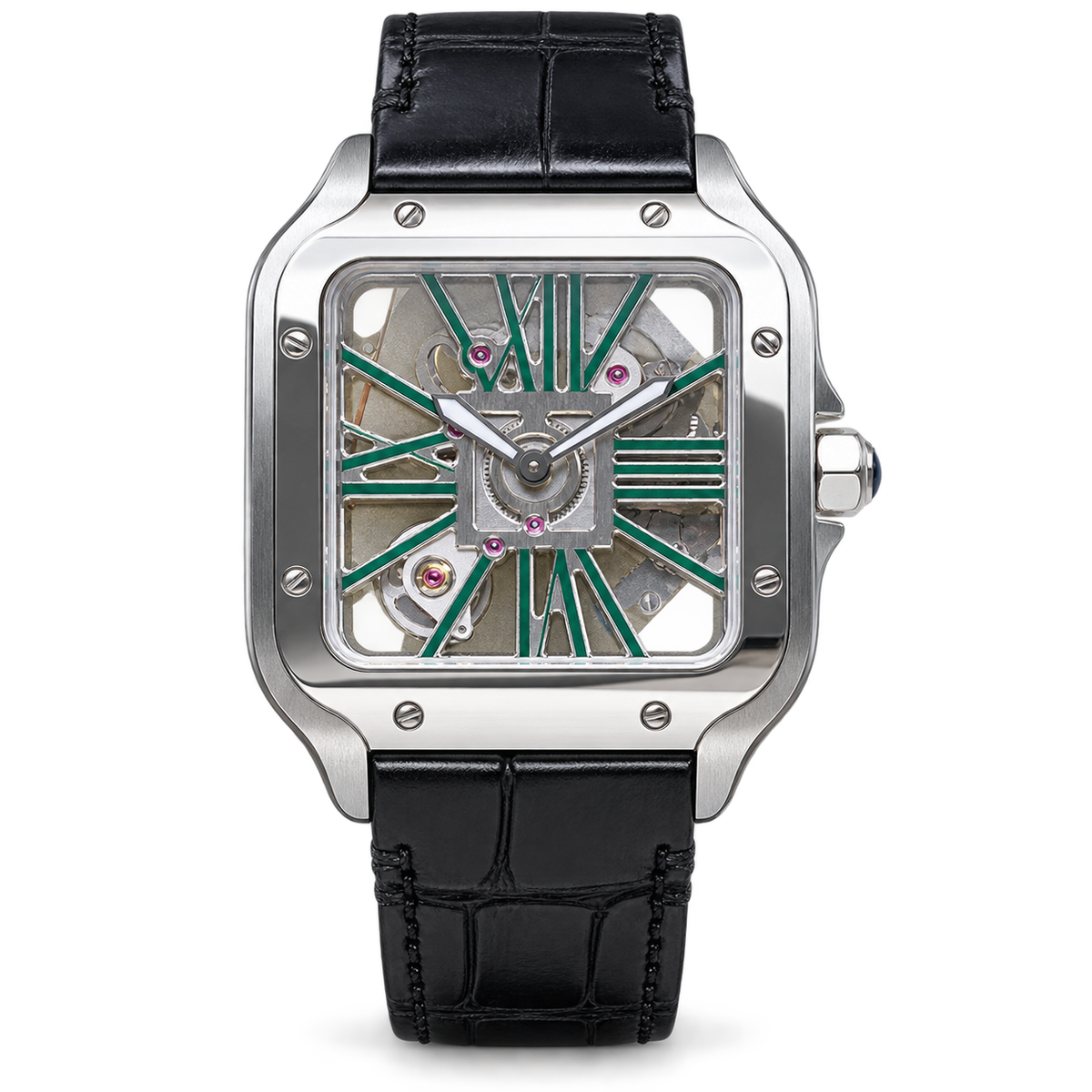 Cartier Santos Skeleton Green Dial Steel Black Strap Watch – KDY