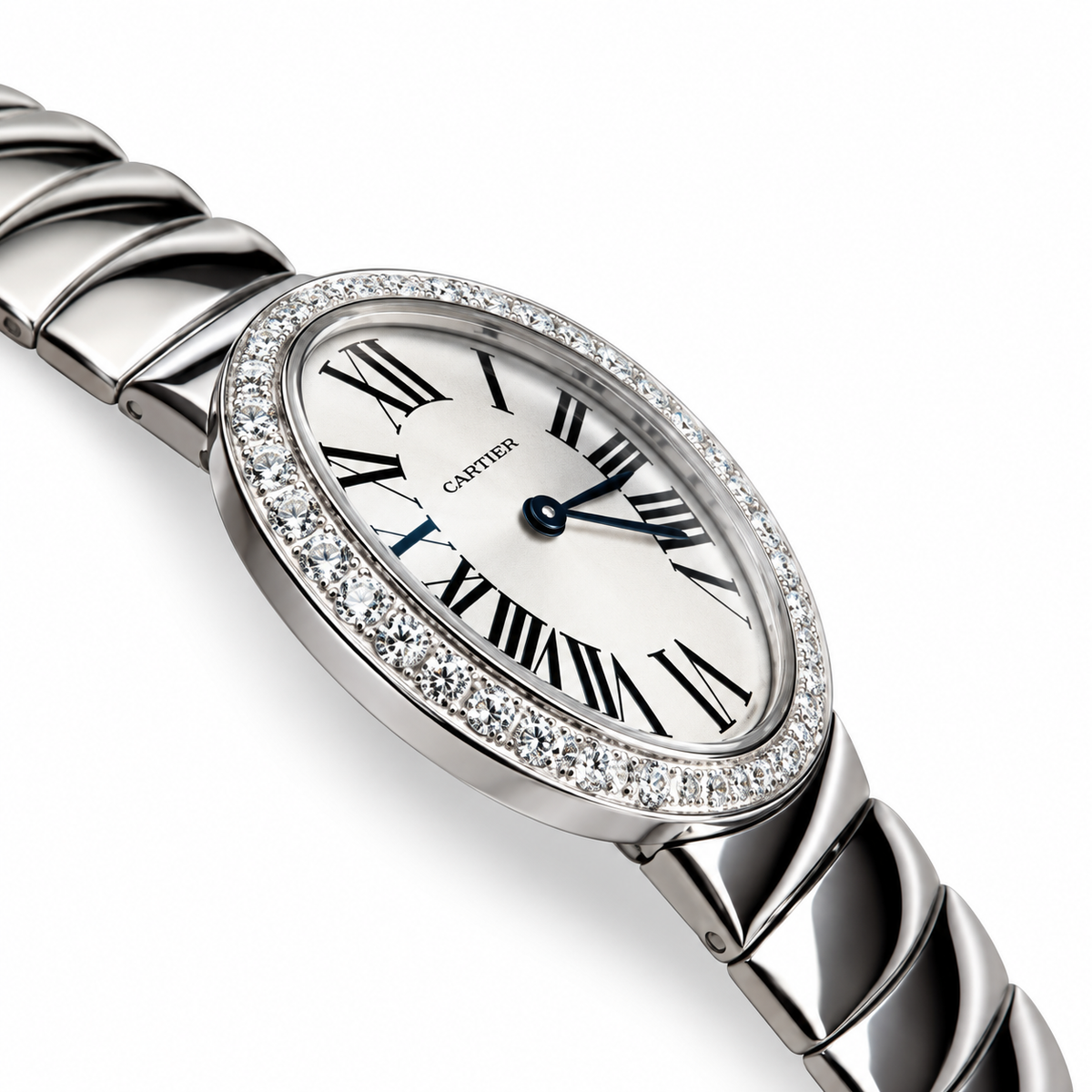 Cartier Baignoire Large — 18K White Gold, Diamond Bezel, Silver Dial, Roman Numerals & White Gold Bracelet, Women