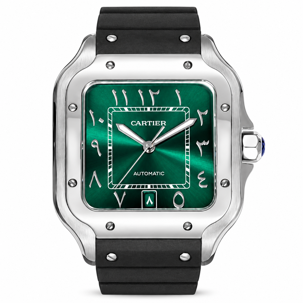 Cartier Santos de Cartier Automatic — Steel, Green Arabic Dial & Black Rubber Strap