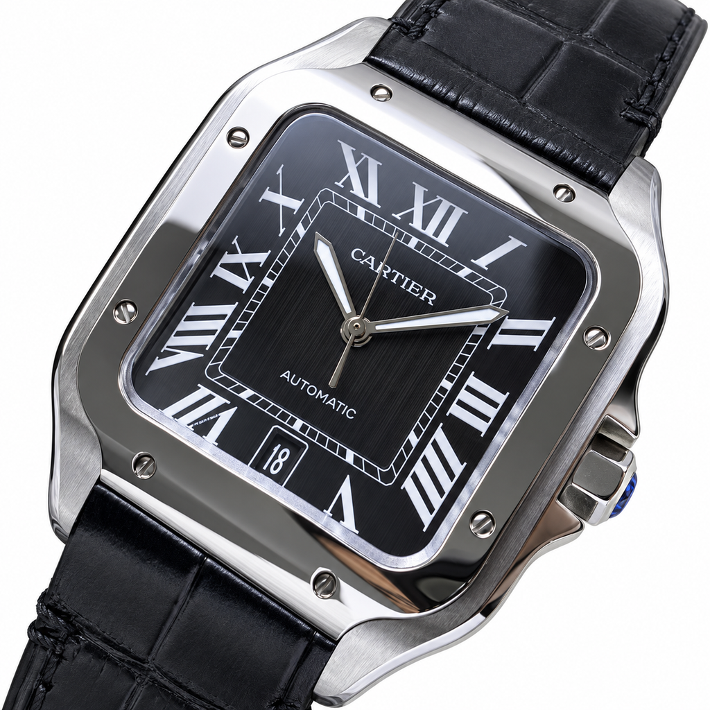 Cartier Santos de Cartier Large — Steel, Black Dial, Roman Numerals, Date & Black Alligator Strap, Automatic