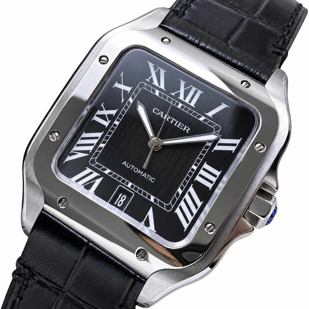 Cartier Santos de Cartier Large — Steel, Black Dial, Roman Numerals, Date & Black Alligator Strap, Automatic