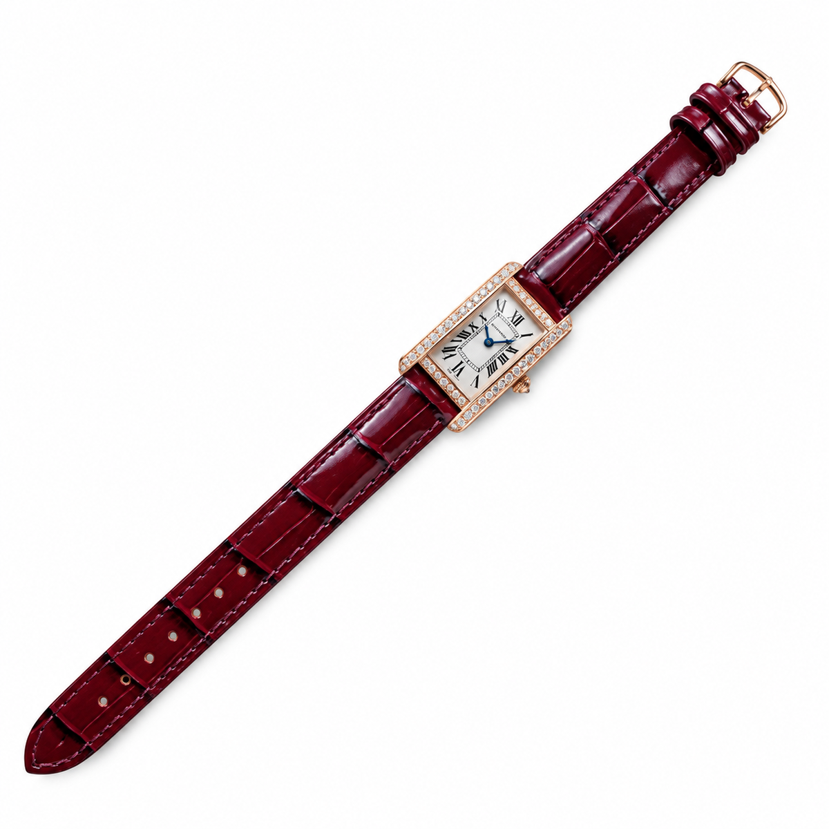 Cartier Tank Américaine Small — 18K Rose Gold, Diamond Bezel, Silver Dial & Burgundy Alligator Strap, Women