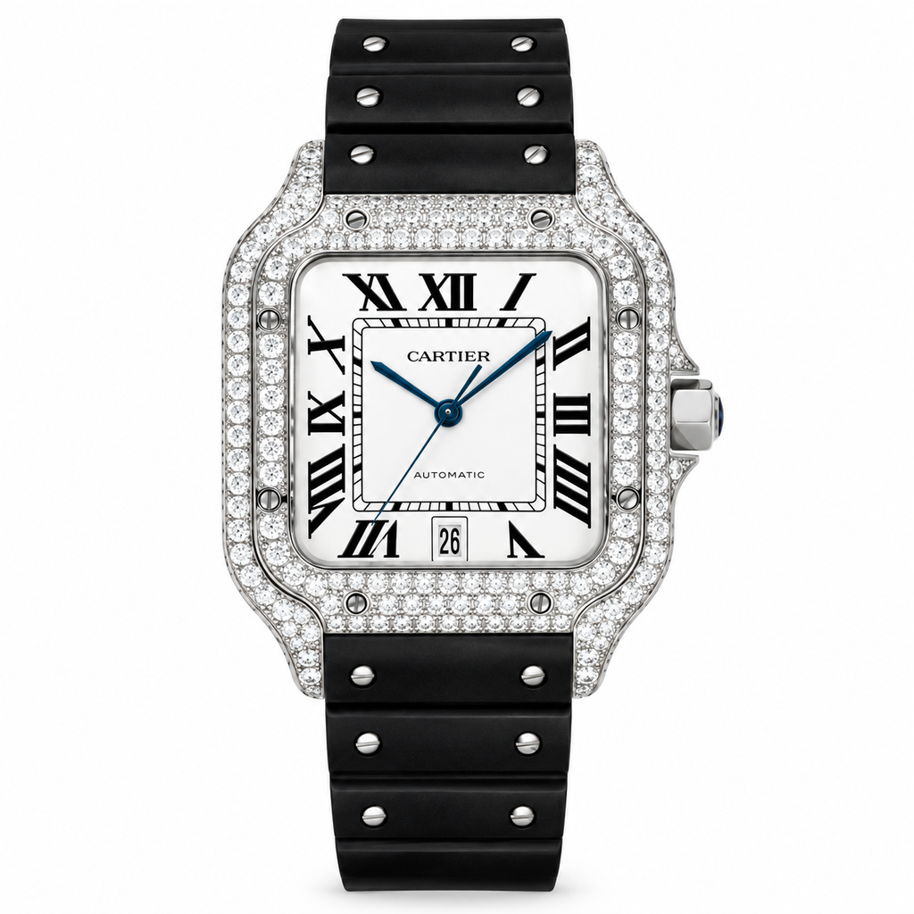 Cartier Santos de Cartier Large — Steel, Diamond Bezel, Black Dial, Roman Numerals, Date & Black Rubber Strap, Automatic