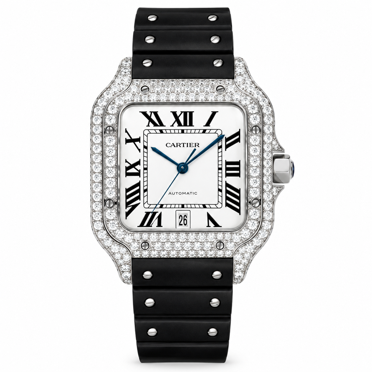 Cartier Santos de Cartier Large — Steel, Diamond Bezel, Black Dial, Roman Numerals, Date & Black Rubber Strap, Automatic