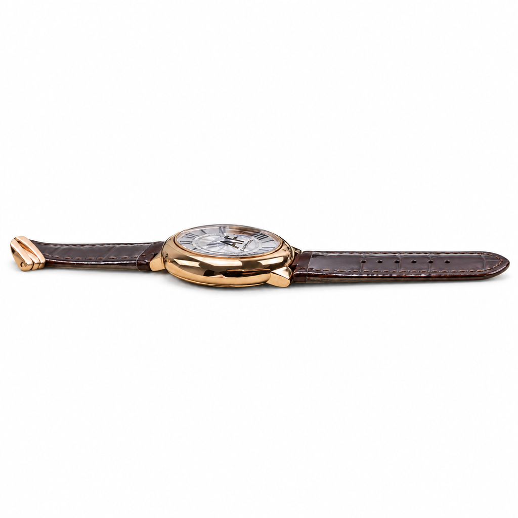 Cartier Ballon Bleu 33mm — 18K Rose Gold, Silver Dial, Roman Numerals & Brown Alligator Strap, Women