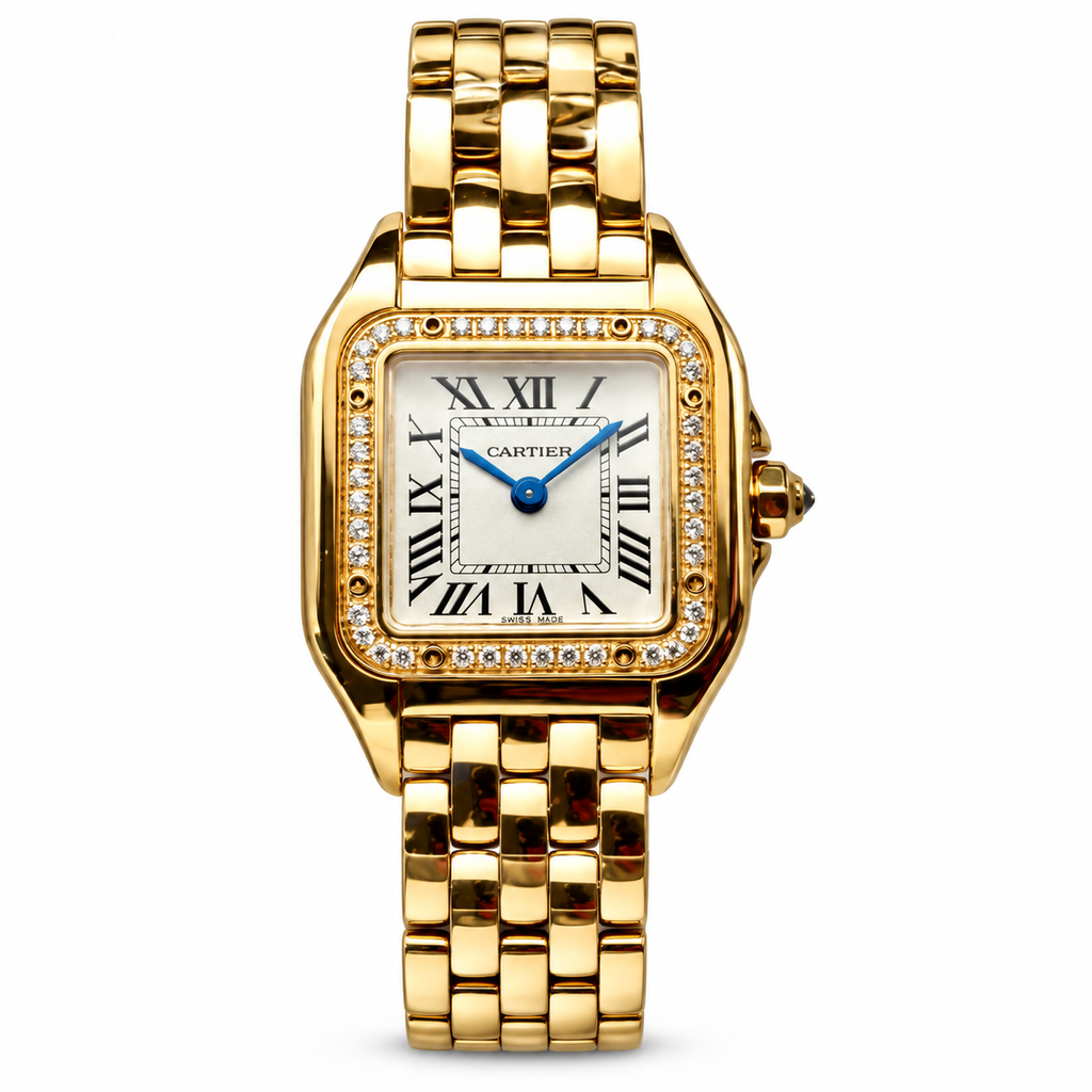Cartier Panthère de Cartier Medium 18K Yellow Gold Diamond Bezel White Dial Five-Row Bracelet Watch