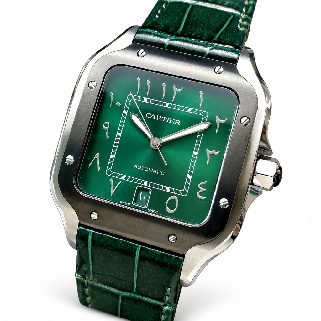 Cartier Santos Large — Steel, Green Dial, Arabic Calligraphy, Date & Green Alligator Strap, Automatic