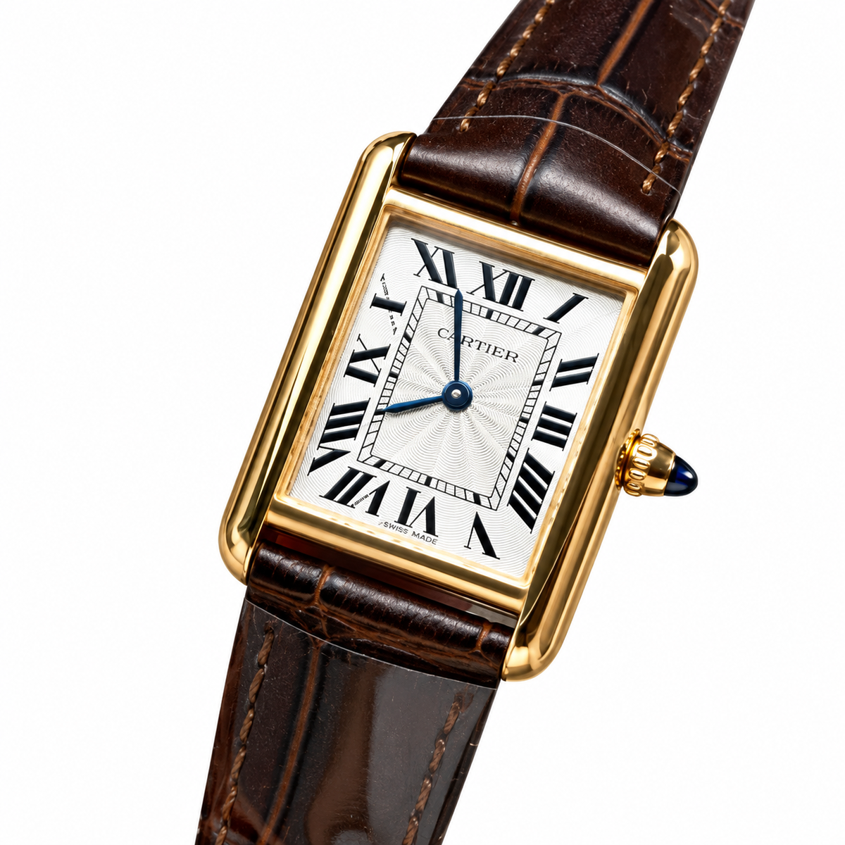 Cartier Tank Louis Cartier Large — 18K Yellow Gold, Silver Dial, Roman Numerals & Dark Brown Alligator Strap, Women