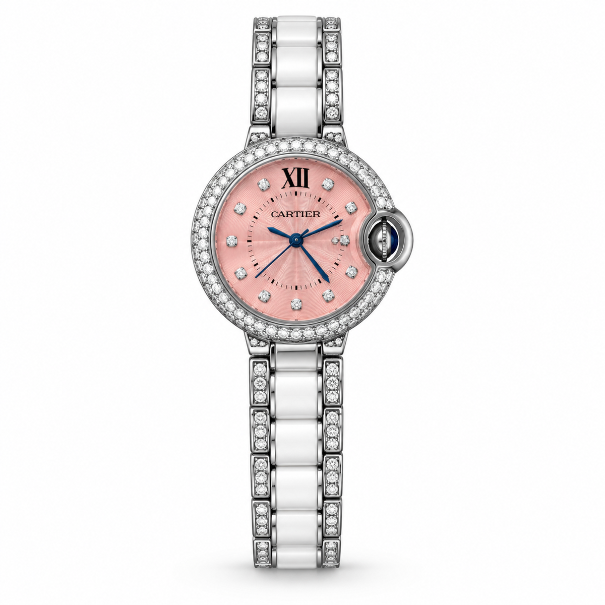 Cartier Ballon Bleu de Cartier — Diamond Bezel, Pink Dial & White Ceramic Bracelet