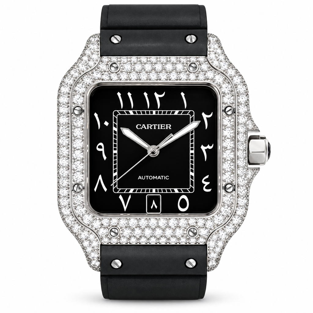Cartier Santos Large — Steel, Full Diamond Bezel & Lugs, Black Dial, Arabic Calligraphy, Date & Black Rubber Strap, Automatic