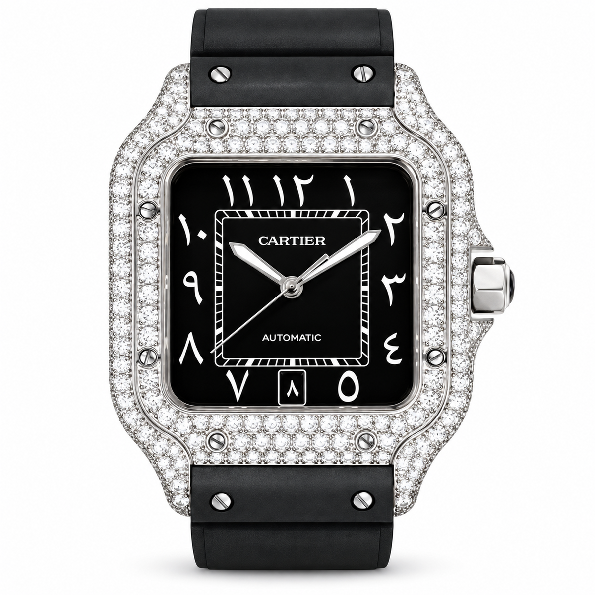 Cartier Santos Large — Steel, Full Diamond Bezel & Lugs, Black Dial, Arabic Calligraphy, Date & Black Rubber Strap, Automatic