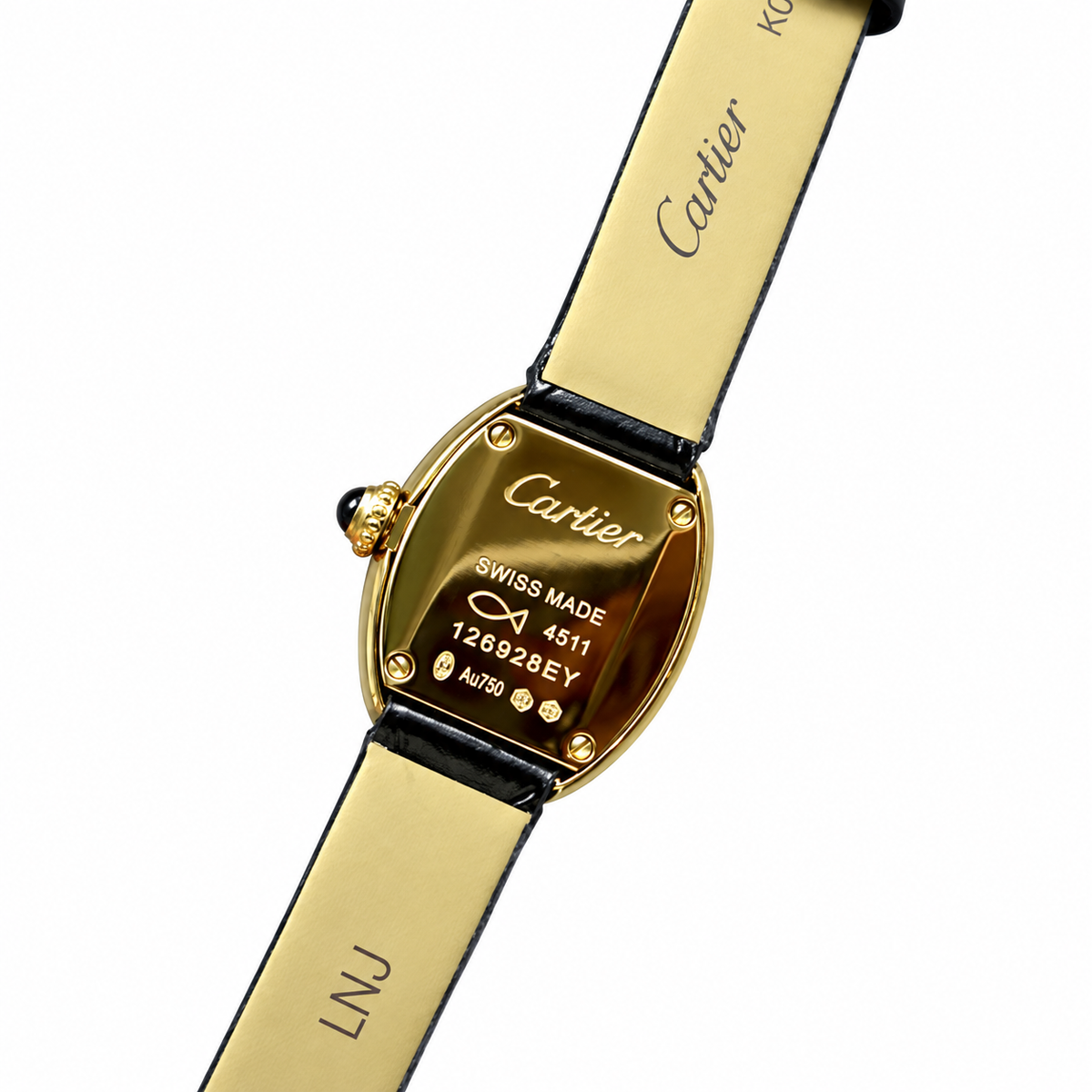 Cartier Baignoire Vintage Small — 18K Yellow Gold, Cream Dial, Roman Numerals & Black Leather Strap, Women