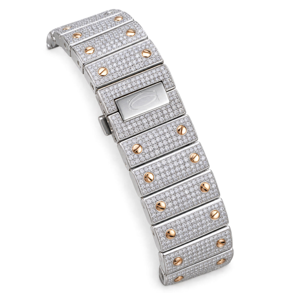Cartier Santos de Cartier Large — Steel & Rose Gold, Full Iced-Out Diamonds, Blue Dial, Date & Diamond Bracelet, Automatic