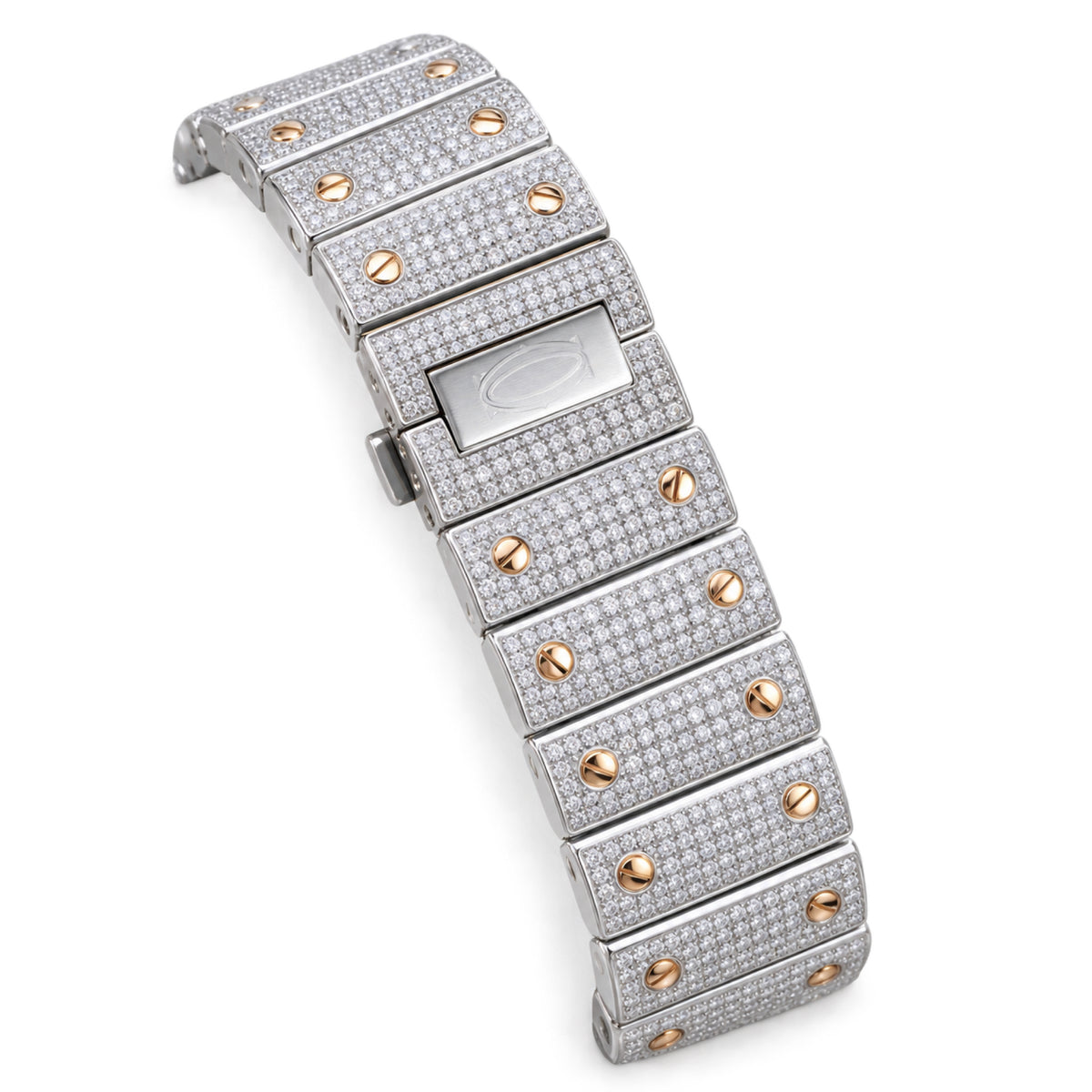 Cartier Santos de Cartier Large — Steel & Rose Gold, Full Iced-Out Diamonds, Blue Dial, Date & Diamond Bracelet, Automatic