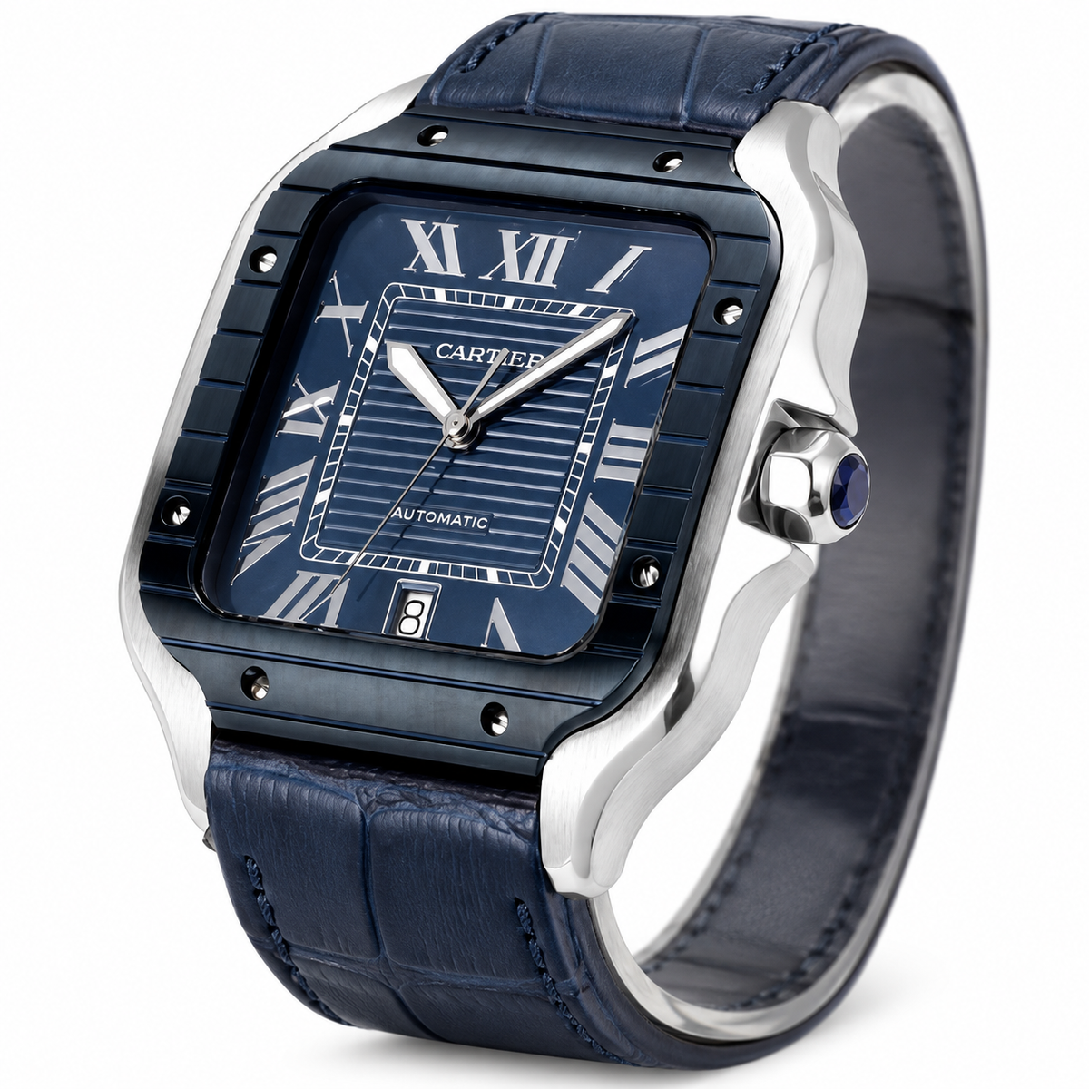 Cartier Santos de Cartier Automatic — Blue ADLC Bezel, Silver Dial & Blue Leather Strap