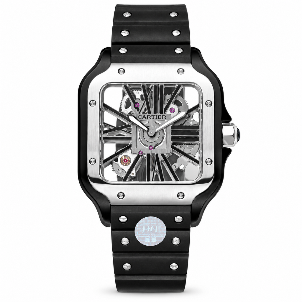 Cartier Santos de Cartier Skeleton Automatic — Steel & Black ADLC Bezel, Skeleton Dial & Black Rubber Strap, Large