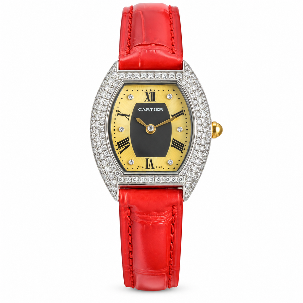 Cartier Tortue — Full Diamond White Gold, Two-Tone Dial & Red Alligator Strap