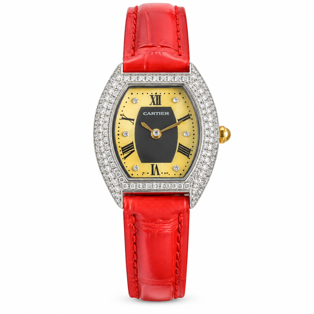 Cartier Tortue — Full Diamond White Gold, Two-Tone Dial & Red Alligator Strap