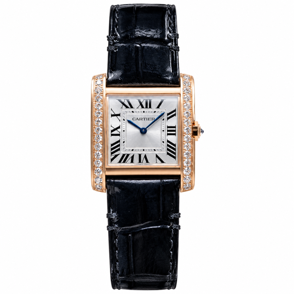 Cartier Tank Louis Cartier — 18K Rose Gold, Diamond Brancards, Silver Dial & Black Alligator Strap, Women