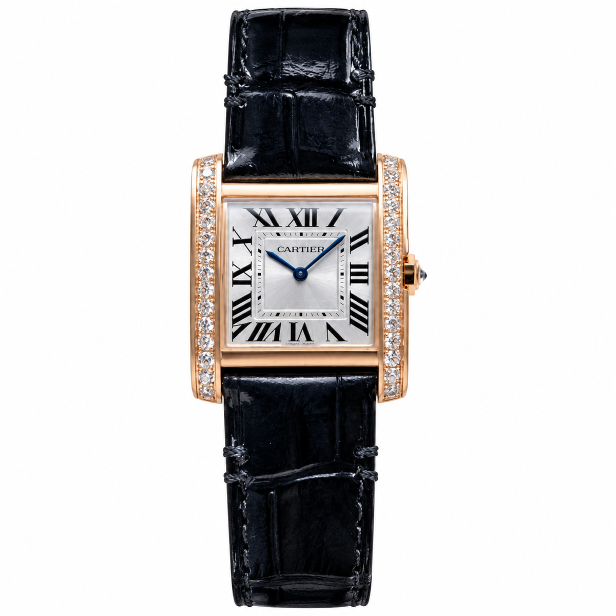 Cartier Tank Louis Cartier — 18K Rose Gold, Diamond Brancards, Silver Dial & Black Alligator Strap, Women