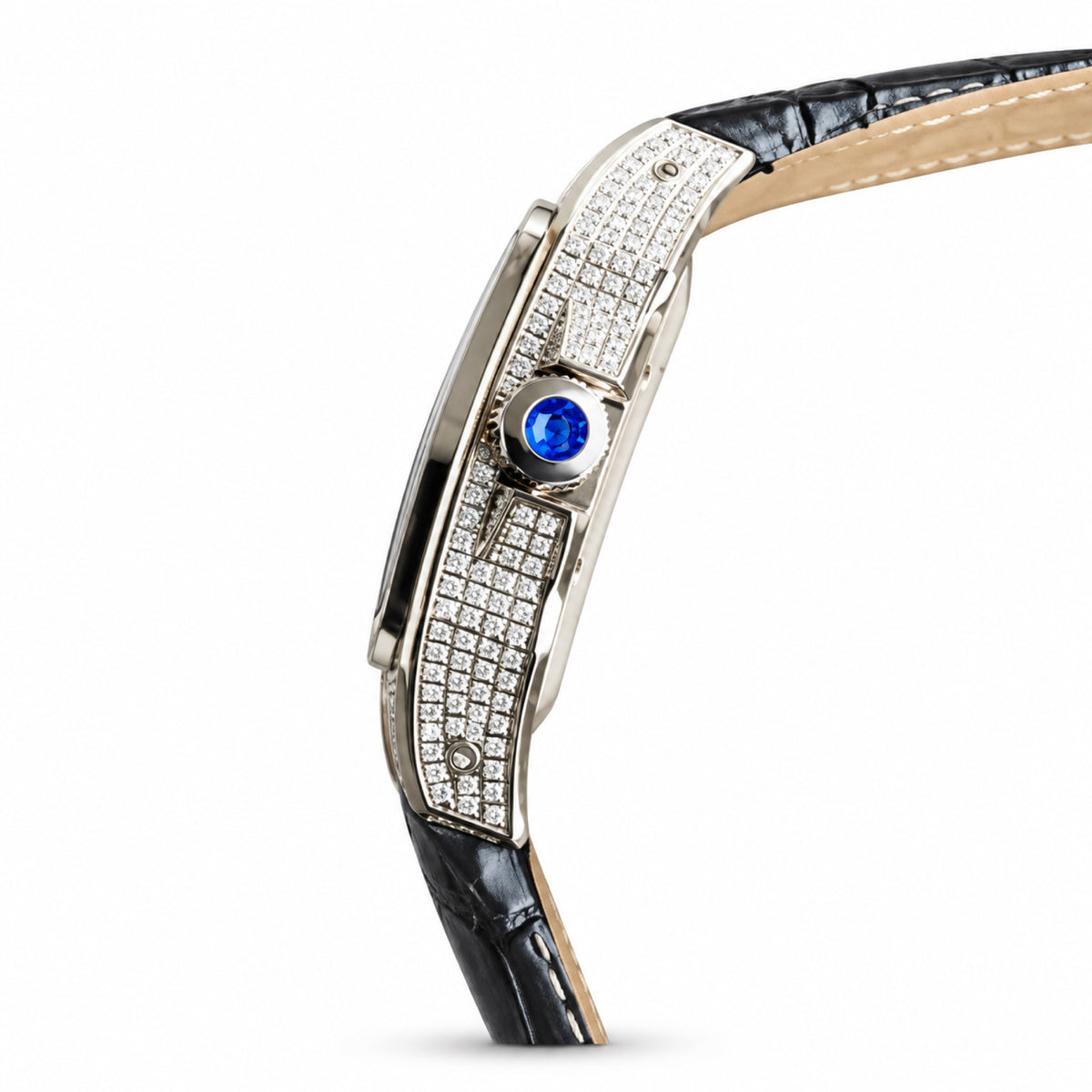 Cartier Santos de Cartier Large — Steel, Full Iced-Out Diamonds, Pavé Dial, Roman Numerals & Black Alligator Strap, Automatic