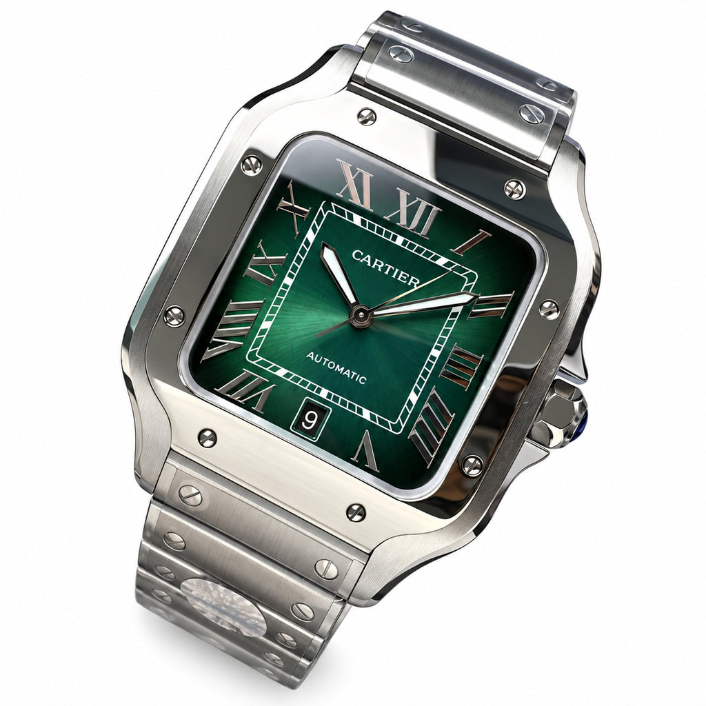 Cartier Santos Large — Steel, Green Dial, Roman Numerals, Date & Steel Bracelet, Automatic