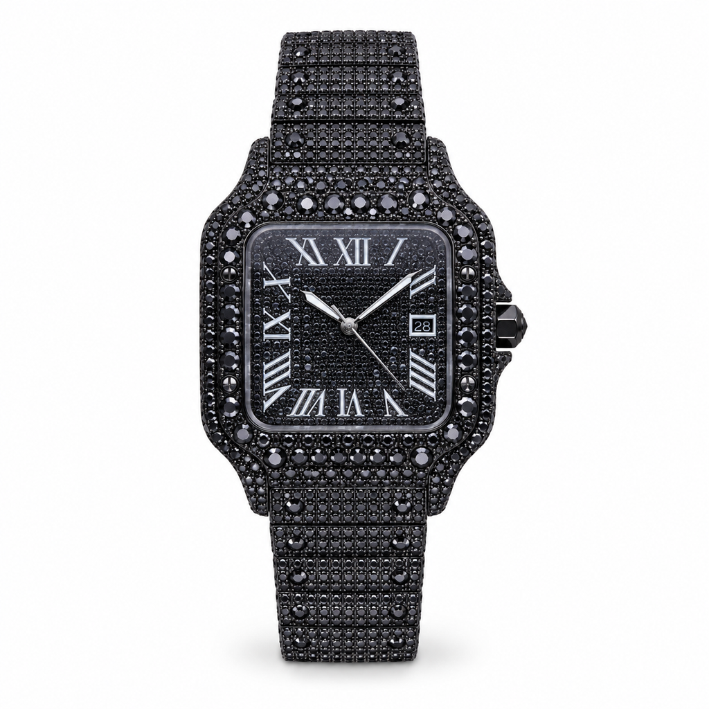 Cartier Santos de Cartier — Full Black DLC, Black Diamond Pavé & Black Steel Bracelet