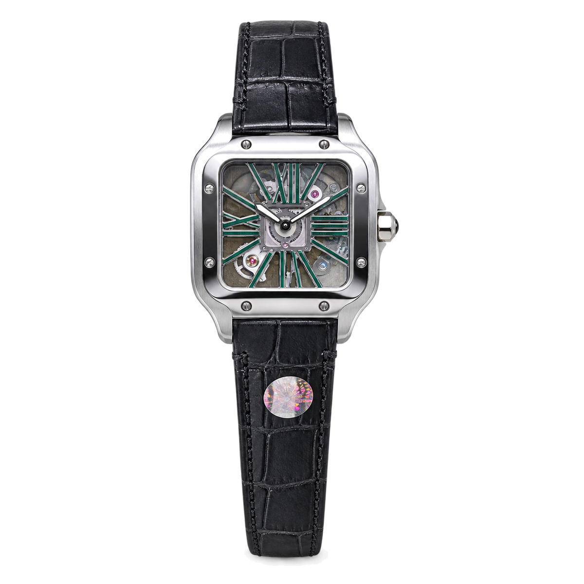 Cartier Santos de Cartier Skeleton — Stainless Steel, Green Roman Numerals & Black Leather Strap