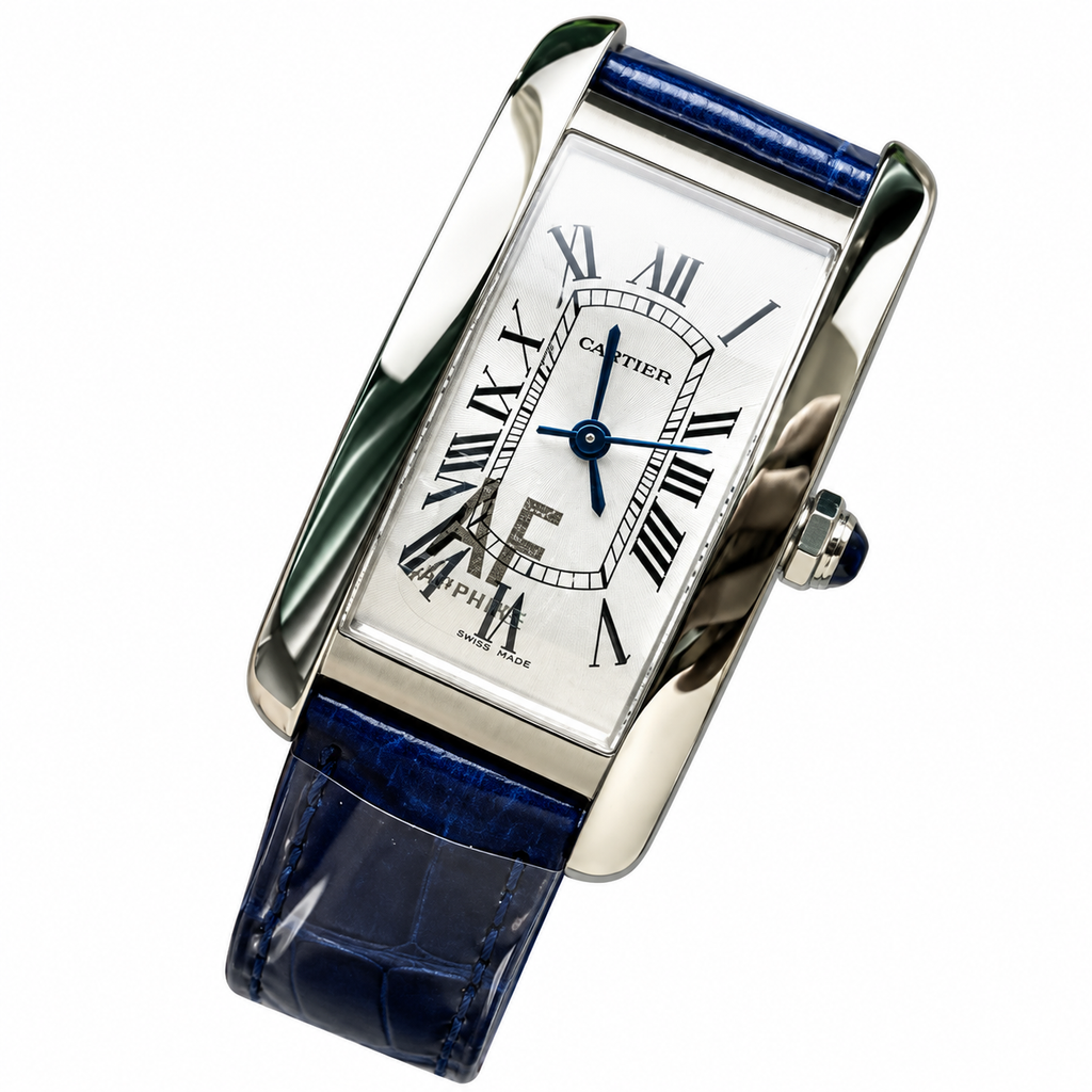 Cartier Tank Américaine — 18K White Gold, Silver Dial & Blue Alligator Strap