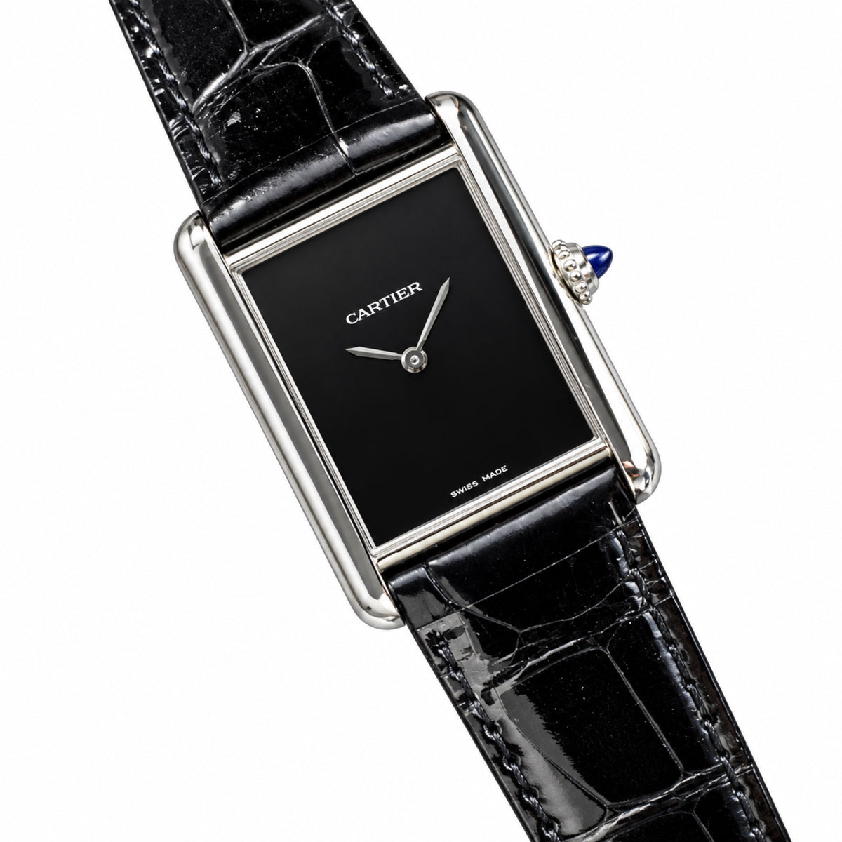 Cartier Tank Must — Steel, Black Lacquer Dial & Black Alligator Strap, Large