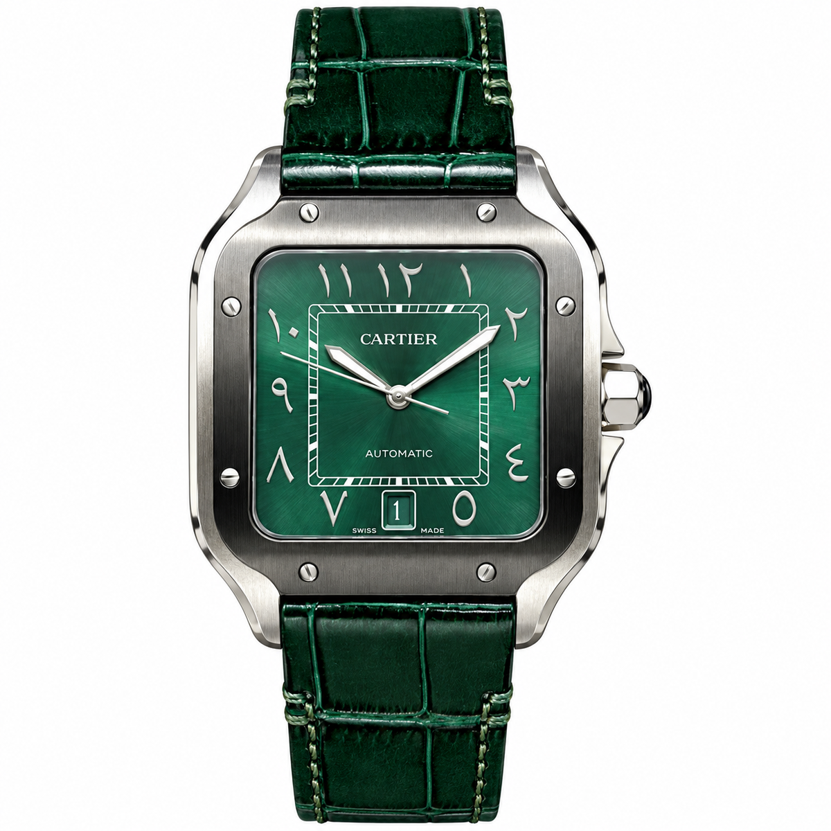 Cartier Santos Arabic Green Dial Steel Green Strap Watch – KDY