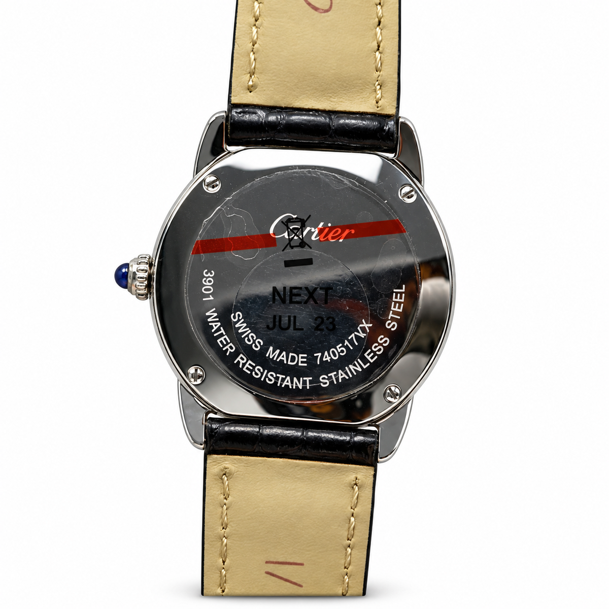 Cartier Ronde Louis Cartier Small — 18K White Gold, Diamond Bezel, White Dial, Roman Numerals & Black Alligator Strap, Women