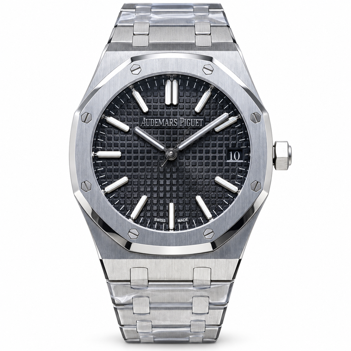 Audemars Piguet Royal Oak Selfwinding 41mm Stainless Steel Black Petite Tapisserie Dial White Gold Indexes Luminescent Hands Date Integrated Bracelet New Generation