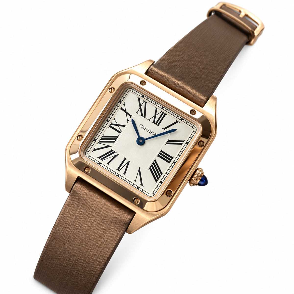 Cartier Santos-Dumont — Rose Gold, Champagne Dial & Taupe Satin Strap